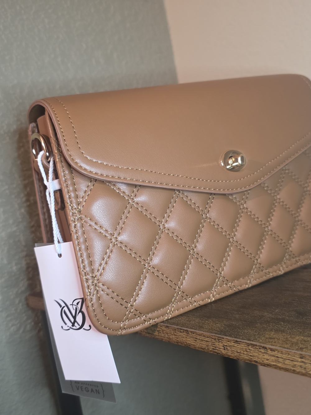 Quilted Beige Crossbody Bag - Vegan Leather
